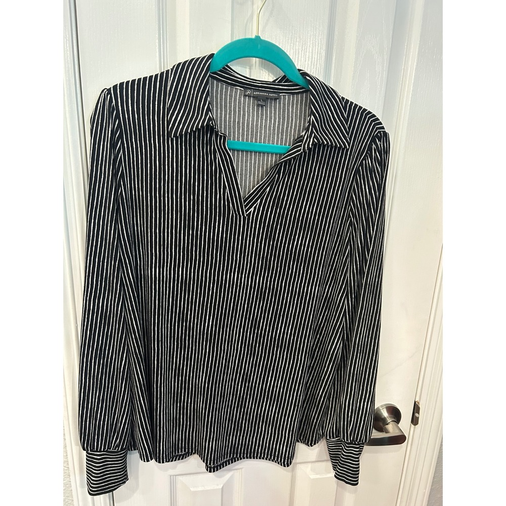 Adrianna Papell Blouse Black White Striped Split Neck Long Sleeve AD1S301379